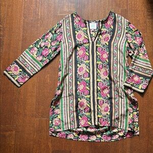 Bell Multicolor Floral Striped Tunic, Lightweight Silk & Cotton Blend, Size Med